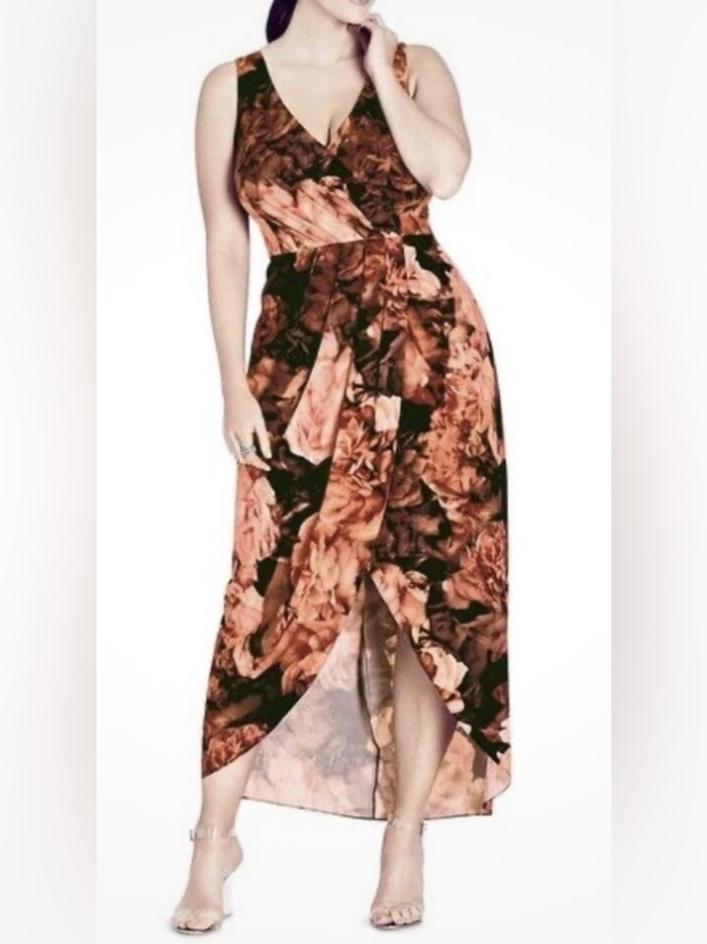 City Chic Brown Floral Wrap Maxi Dress